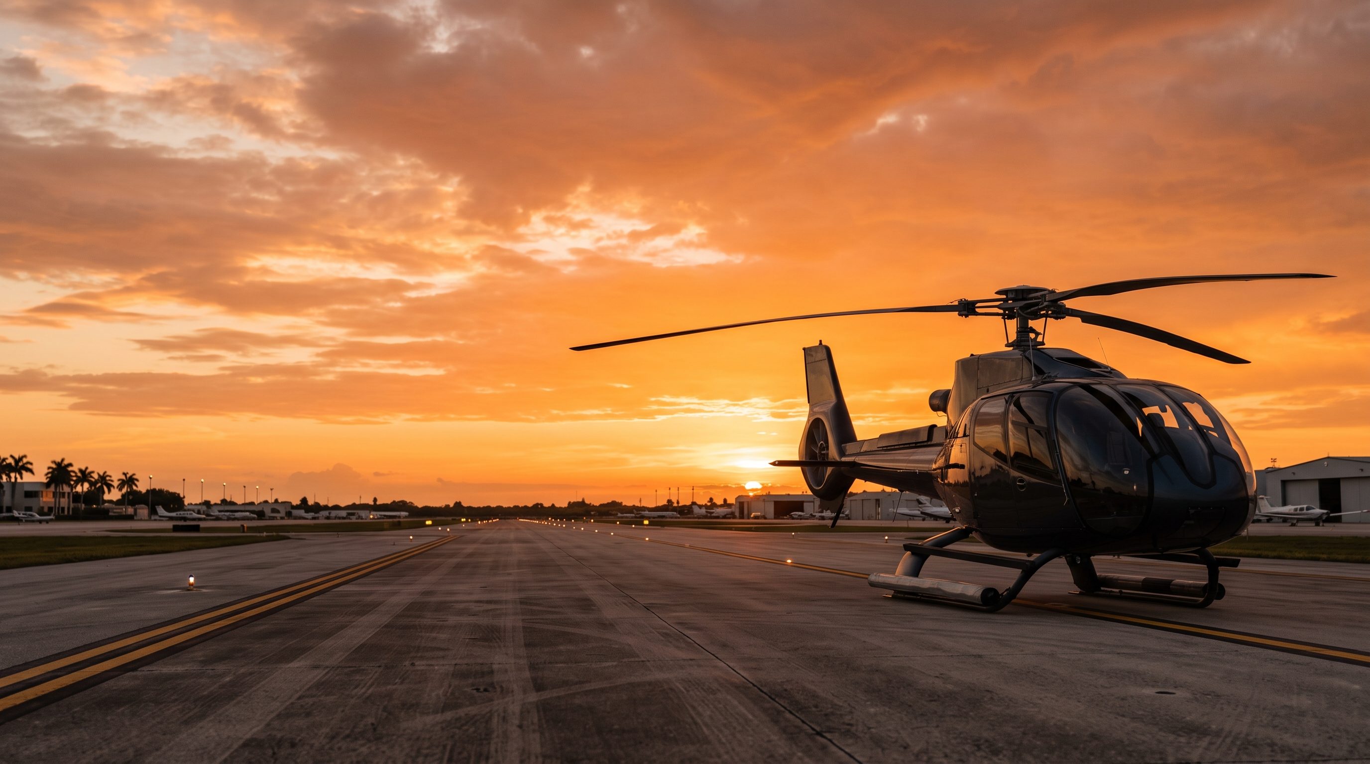 Helicopter landed on a mountain meadow at sunset